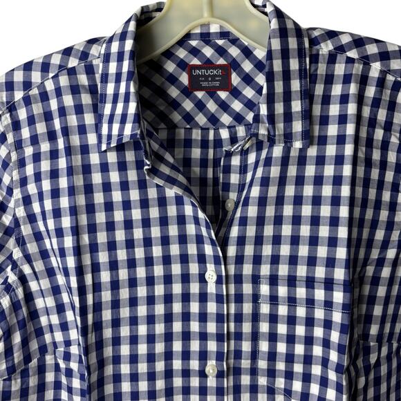 UNTUCKit Blue White Gingham Checkered Button Down Womens 0 Classic Preppy NWT - Picture 2 of 13